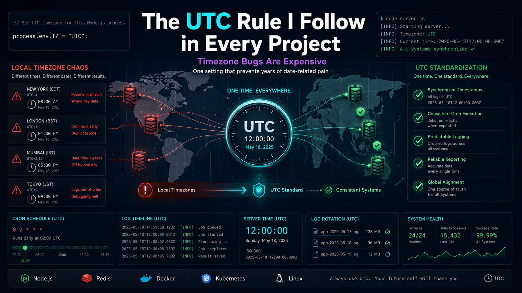 Dark themed developer blog cover showing UTC timezone standardization across global servers